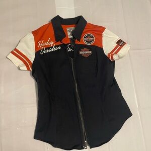Vintage Embroidered Harley-Davidson Black and Orange Zip-Up Shirt Woman’s Med